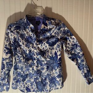 Talbots Ladies (4p)  Shirt with Blue Floral Design, Collared, Button down